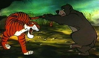 Baloo the Bear is holding Shere Khan the Tiger's tail.